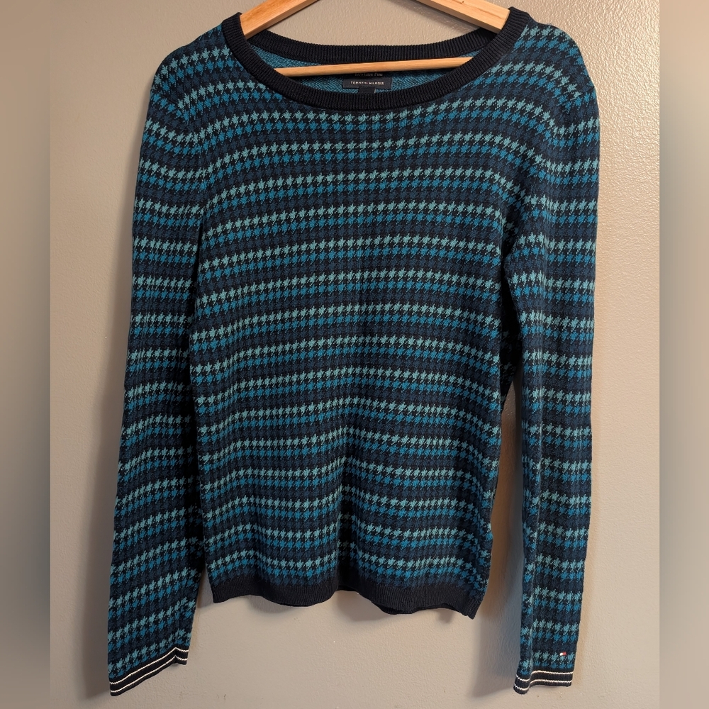 Tommy Hilfiger Vtg Pullover Houndstooth Blue and Teal Long Sleeve Sweater M